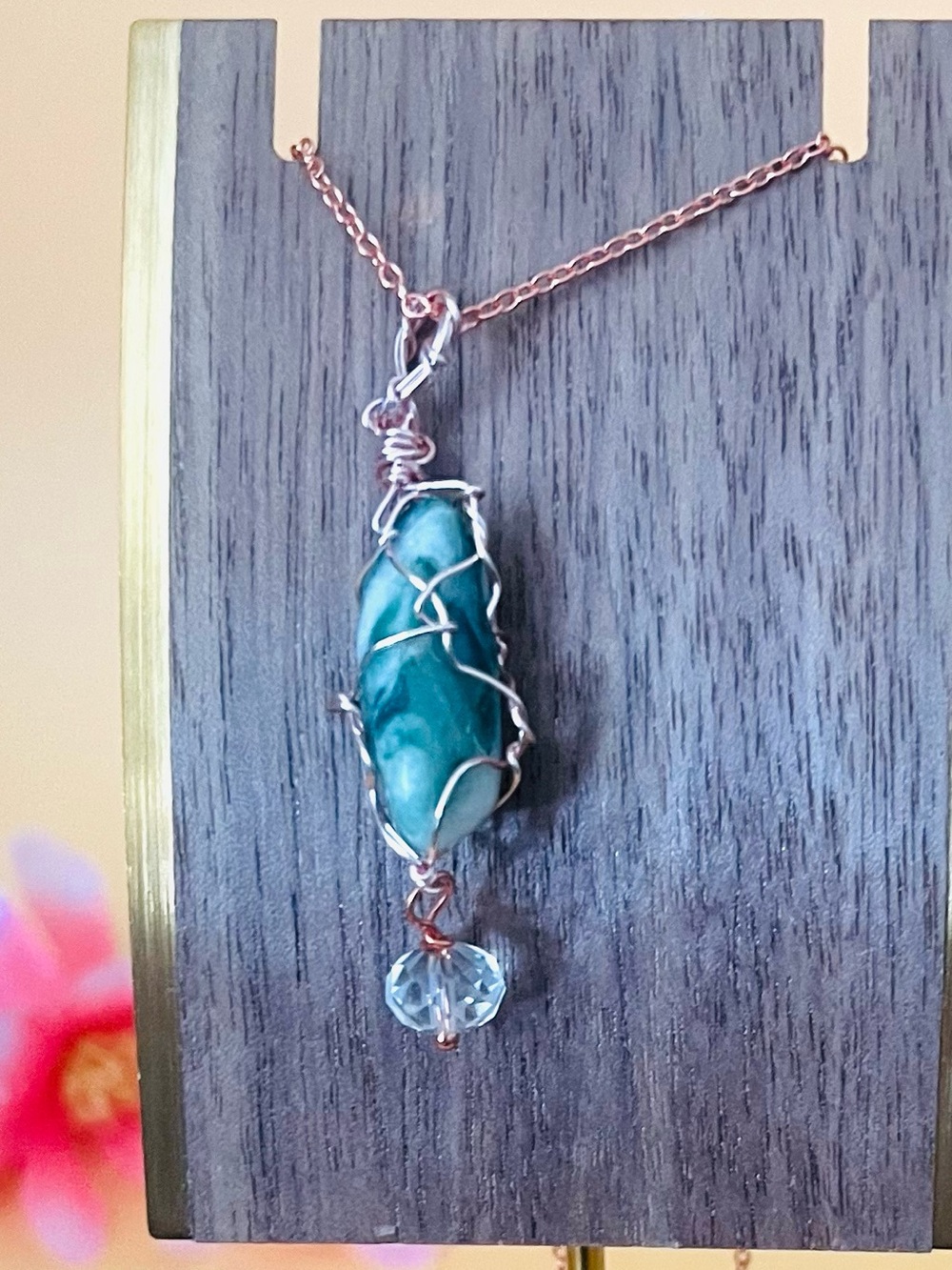 Rose gold plated wire wrapped natural green stone pendant